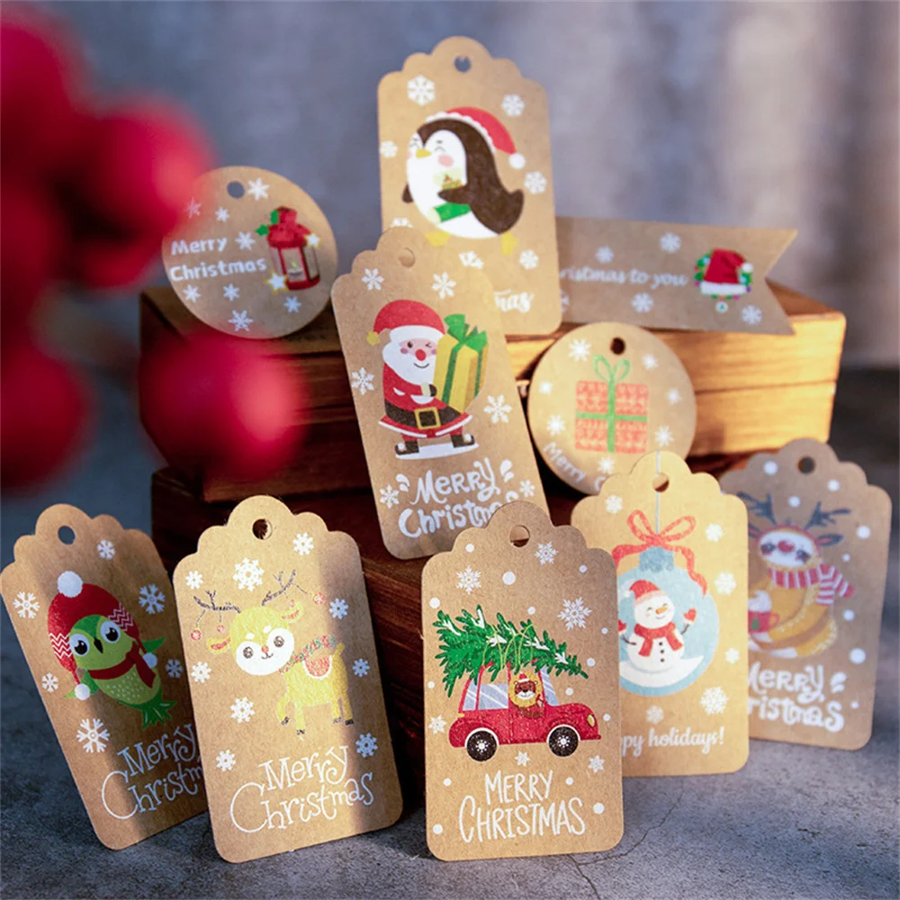 50/48pcs Merry Christmas DIY Kraft Tags Labels Gift Wrapping Paper Hanging Tag Santa Claus Paper Cards Xmas Party Decor Supplies