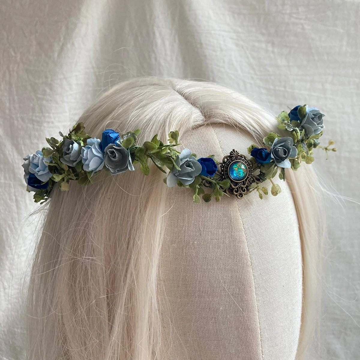 Dusty Blue Elven Crown Wedding Bride Flower Headband Elven Tiara Fairy Floral Halo Elvish For renaissance Cosplay