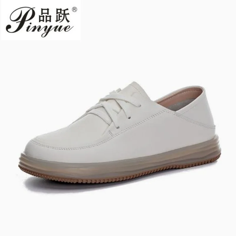 

Genuine Cow Leather Loafers Soft Sole Flats Women Shoes Autumn Round Toe Lace Up Casual Sneakers Large Size 35-42