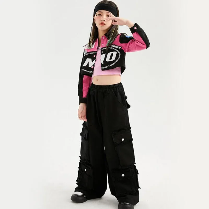 Pantalones Cargo para niñas, trajes de baile de Jazz para adolescentes, ropa de Hip Hop, camisa de carreras rosa, Tops cortos, ropa de calle holgada