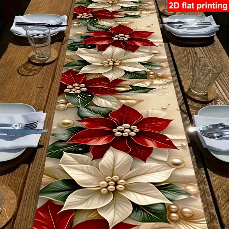 VIKAMA Poinsettia Table Runner, Reusable Red White Xmas Flower Pearl Print Decor Table Runner For Christmas Dining Home Decor