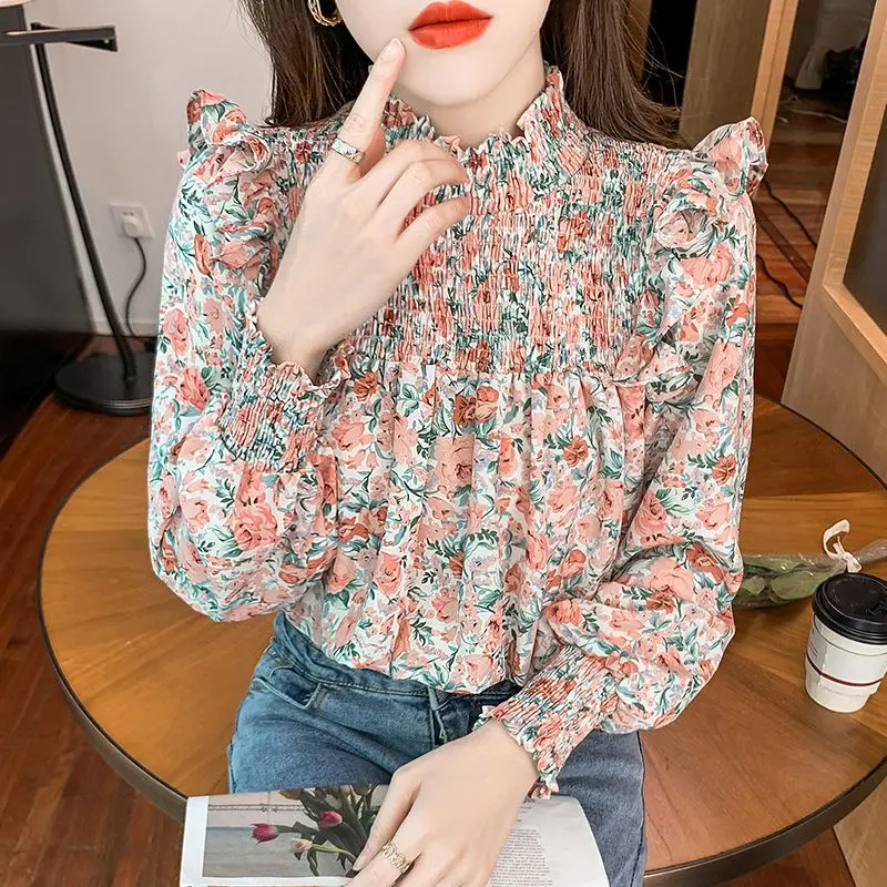 Elegant Fashion Harajuku Slim Fit Blouse Stand Collar Patchwork Printed Long Sleeve Tops Women Casual All Match Female Clothes