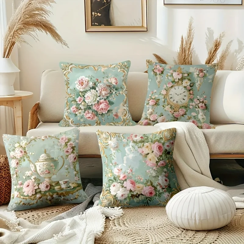 4pcs Rococo Floral Pillow Covers, Vintage Wallpaper Print, Single-Sided Decorative Lumbar Cushions for Sofa