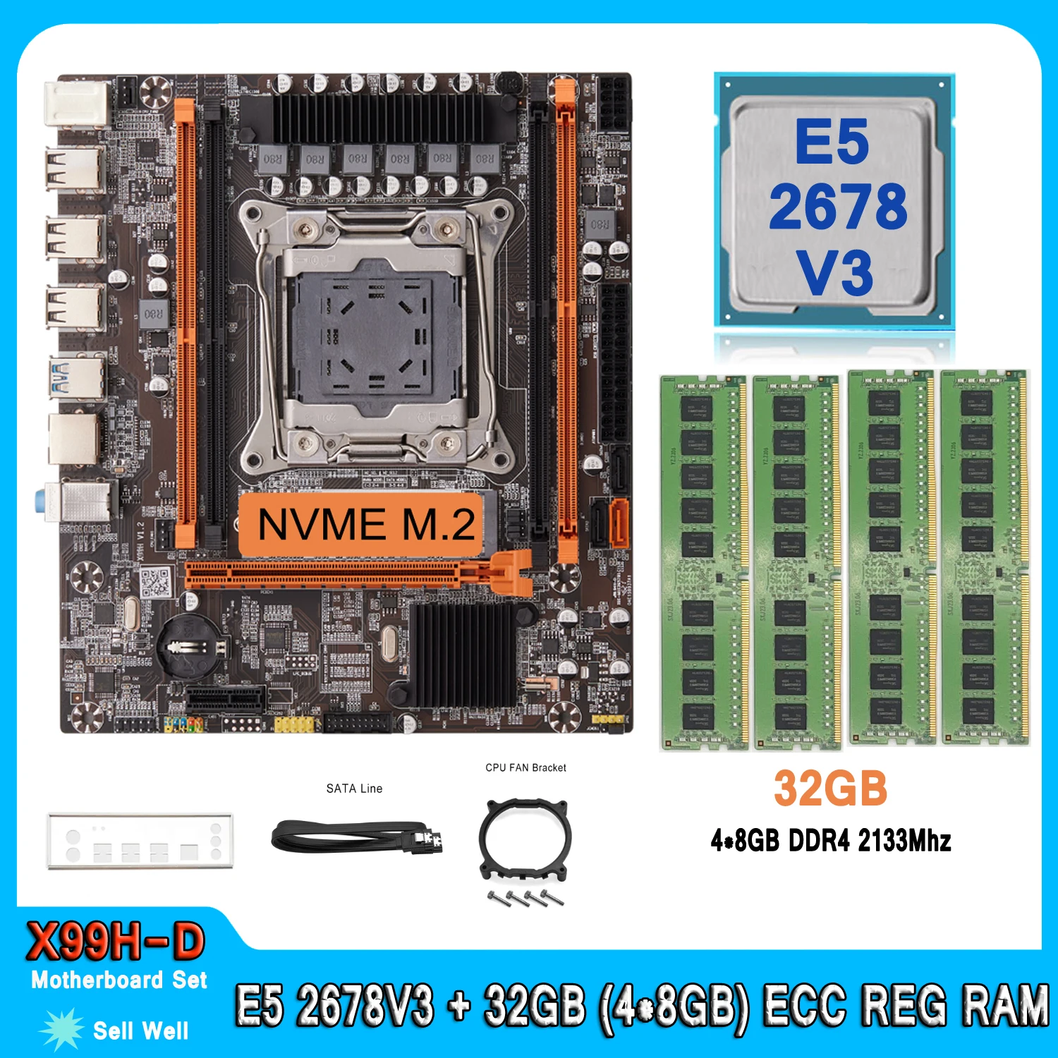 LGA 2011-3 XEON X99 Motherboard with E5 2678 V3 with 32GB (4*8GB) DDR4 RECC Memory Combo Kit Set X99 E5 2678V3 Motherboard Set