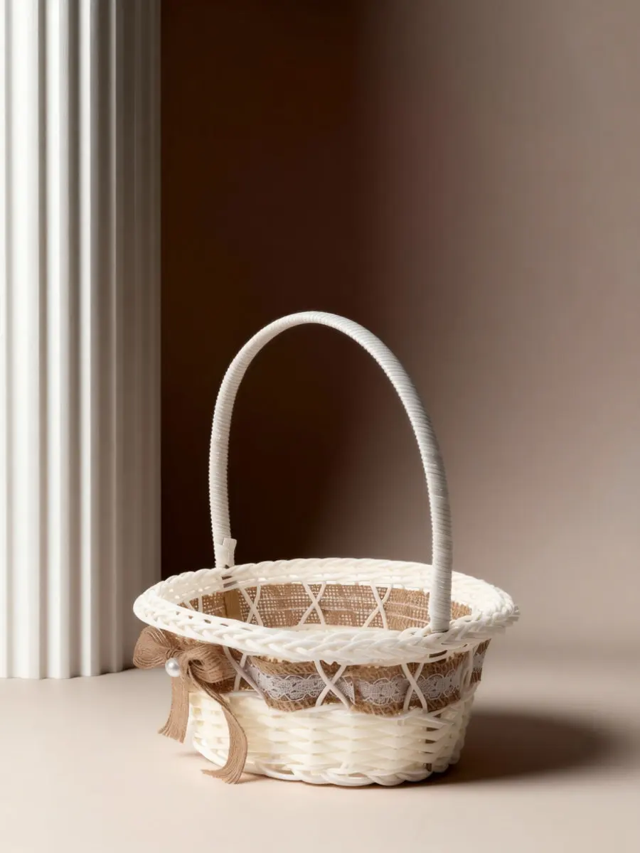 Hand-Woven Imitation Rattan Round Flower Basket with Lace Trim for Wedding Party Petal Throwing Rustic Elegant Handle