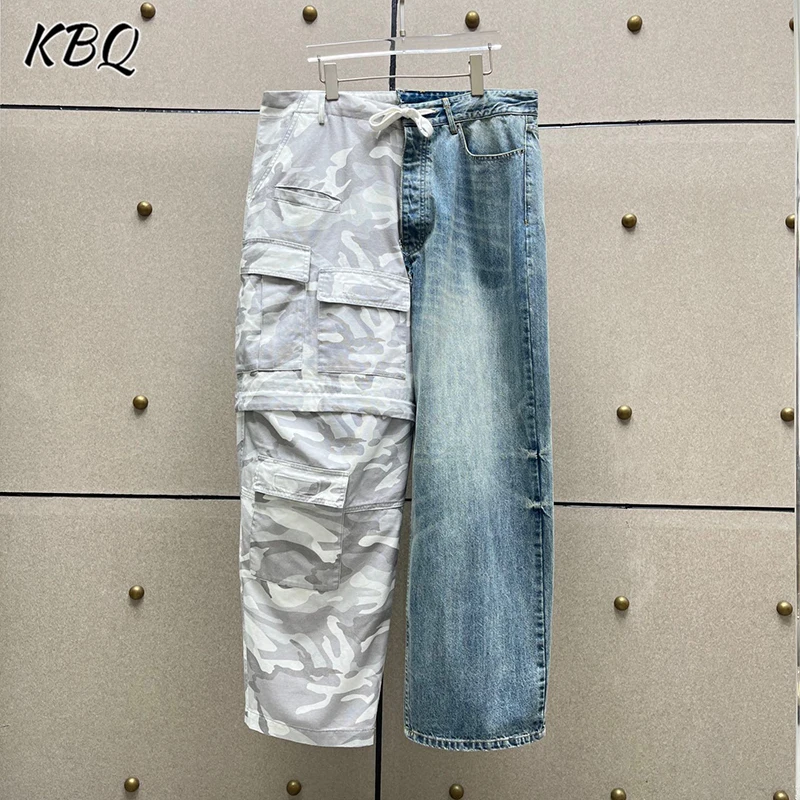 KBQ Hit Color High Street Designer Loose Denim Pants For Women Spliced Zipper Pocket Wide Leg Long Pants Female Fashion Autumn