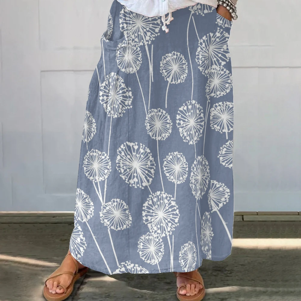 

Harajuku Dandelion Print Ankle-Length Skirt Women's Boho Japanese Streetwear Fashion Floral Dress Pockets Casual Comfort Skirt