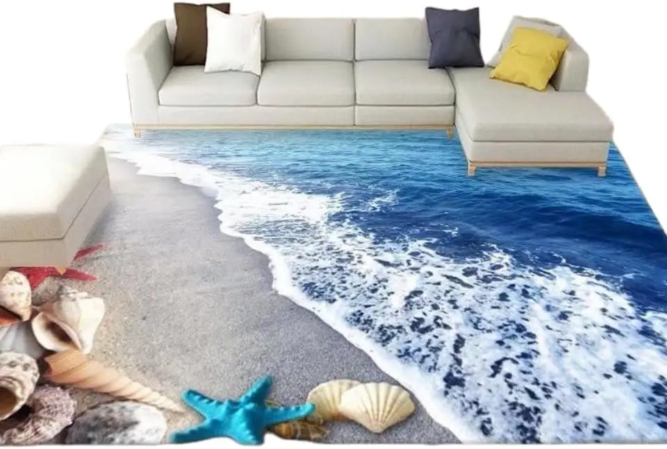 3D Visual Blue Ocean Rug with Beach Design Carpet, Large Sea Wave Area Rugs for Girls Bedroom-Cute Garden Mat Non-Slip Sofa Mat
