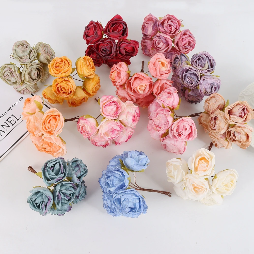 6Pcs/Lot Mini Scorched Rose Artificial Flowers Wedding Decoration Valentine's Day Decor DIY Garland Gift Accessories Fake Flower