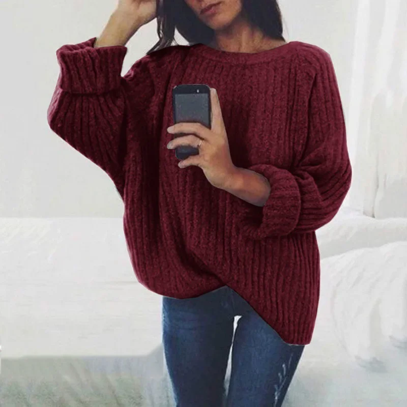 Sweater Women's Fashion Solid Color Round Neck Knitted Top Sweater Pullover Women's Clothing