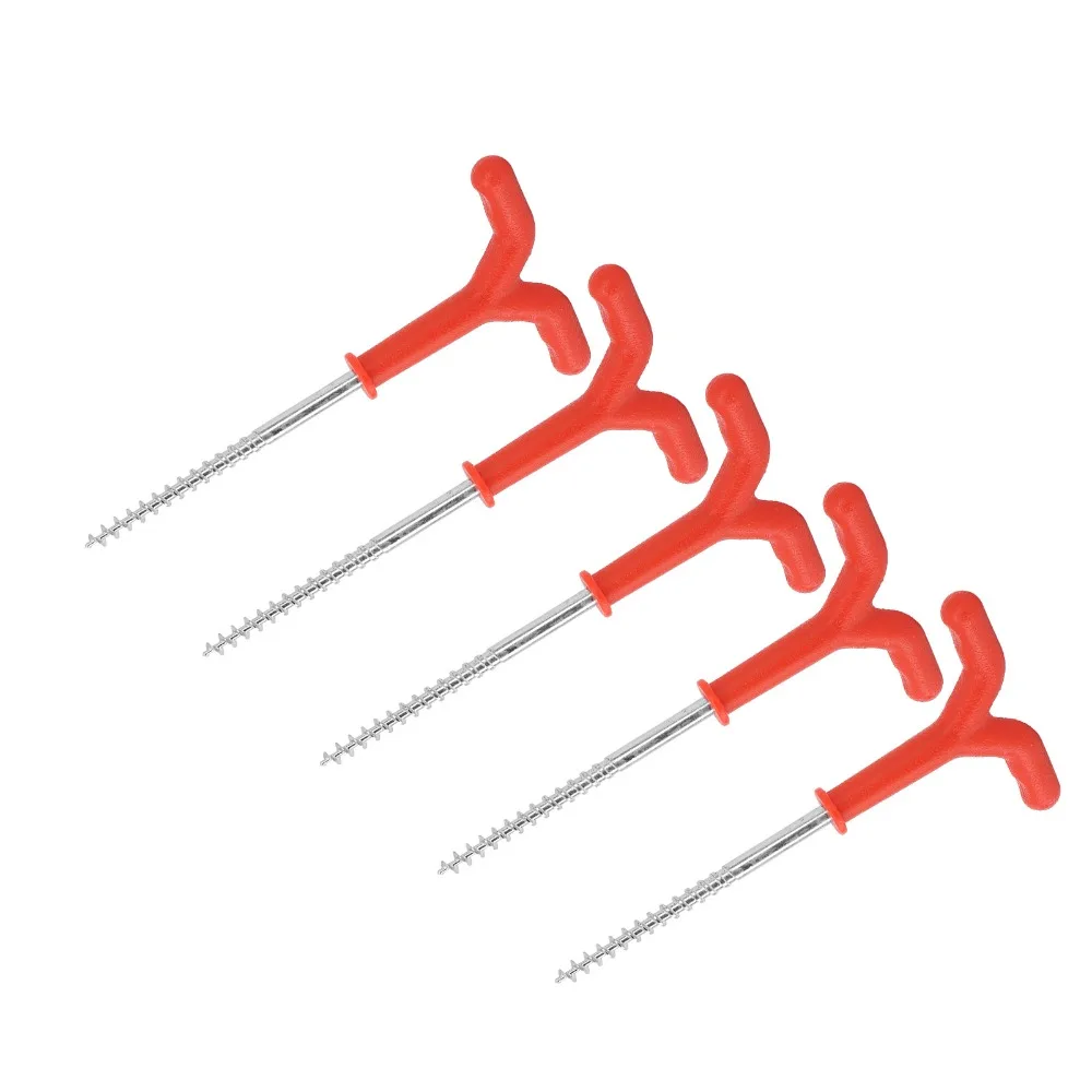 5PCS Threaded Shaft Ice Fishing Stakes Metal Plastic Y-Handle Grip Ice Anchor Set Ice and Snow Screw-In Drill Rod Holders