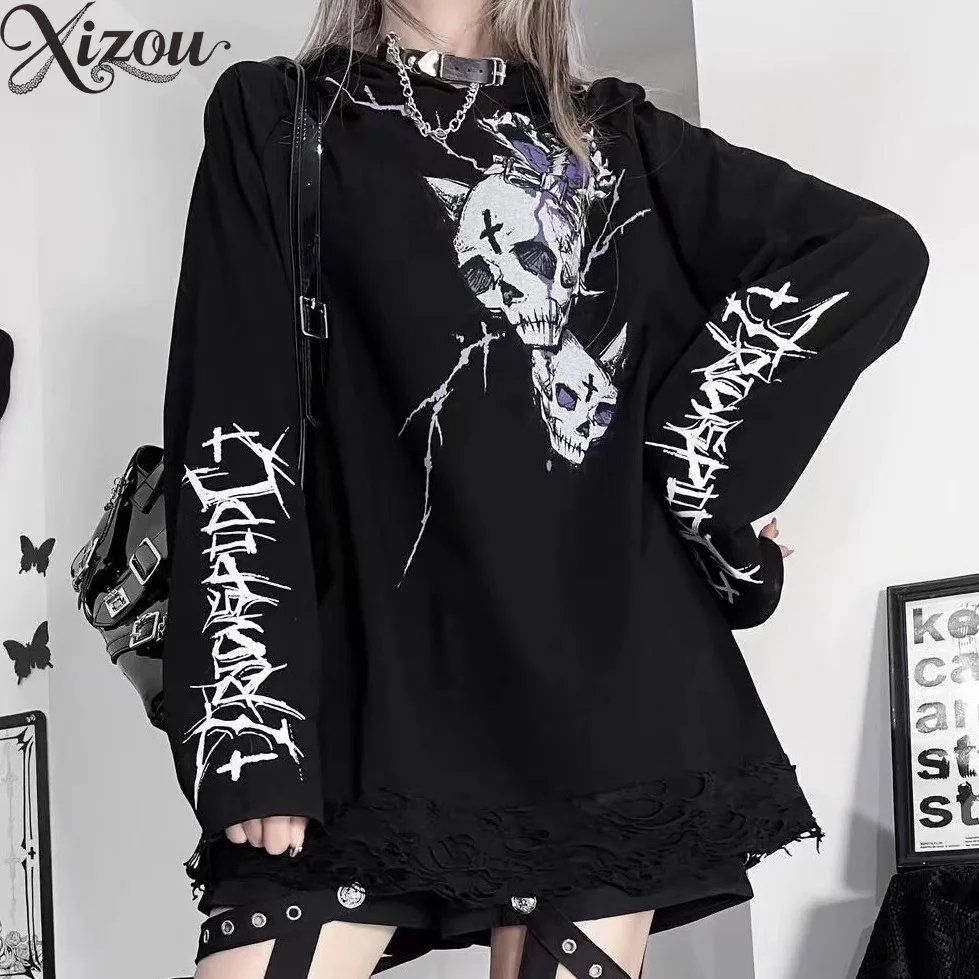 

Original Printing Subculture Dark T-Shirts Fashion Loose Tee Long Sleeves Tops for Women Spring Autumn Hooded Casial T-shirt