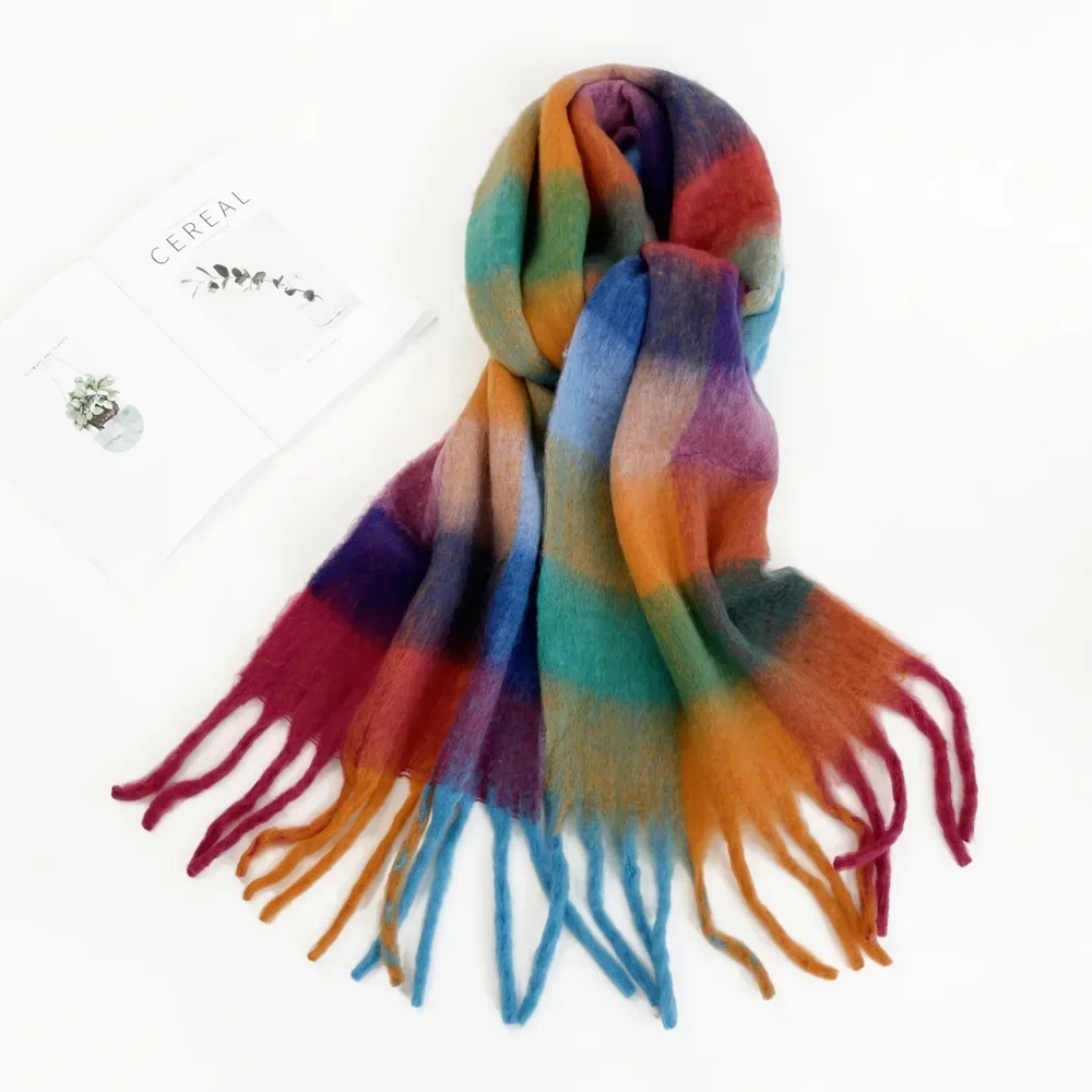 Colorful Rainbow Classic Plaid Long Scarf for Women 2023 New Winter Thick Warm Plush Shawl Vintage Scarves 210x40cm