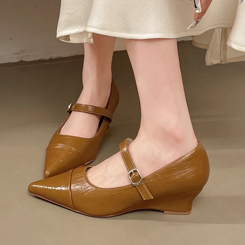 Women Wedges Mary Jane Shoes New Pointed Toe High Heels Shoes 2026 Summer Sexy Shallow Pumps Fashion Leather Shoes Sandalias