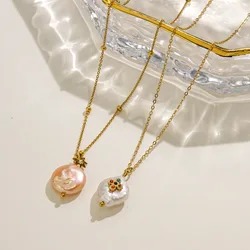 V. Stainless Steel Baroque Pearl Pendant Pink White Pearl Pendant Necklace Women Aesthetic Jewelry