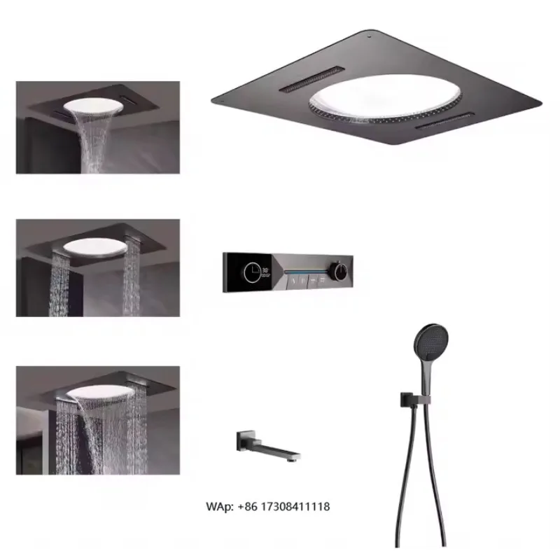 

Легкий роскошный медный квадратный настенный душевой набор с цифровым дисплеем, полностью регулируемый латунный водопадный верхний спрей