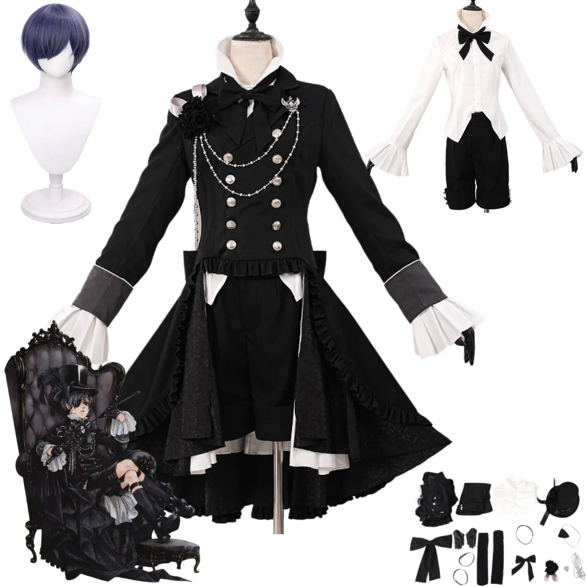 Anime Black Butler Ciel Phantomhive Smile Cosplay Costume Black Tailcoat Coat Uniform Wig Man Woman Masquerade Carnival Suit