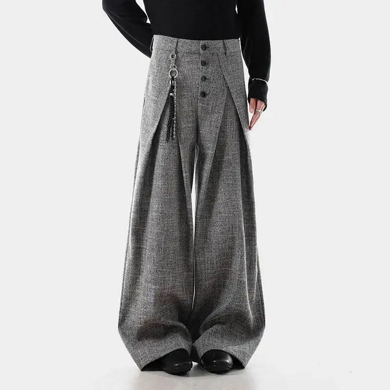 Korean Style Men Suit Trousers Striped Design Contrast Color Pleated Drape Bottom Breasted Loose Wide Leg Male Pants 9X6YJ