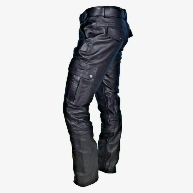 Pantalones de cuero negro para hombre, pantalones ajustados informales de Pu para motocicleta, Pantalones rectos Punk para montar, otoño