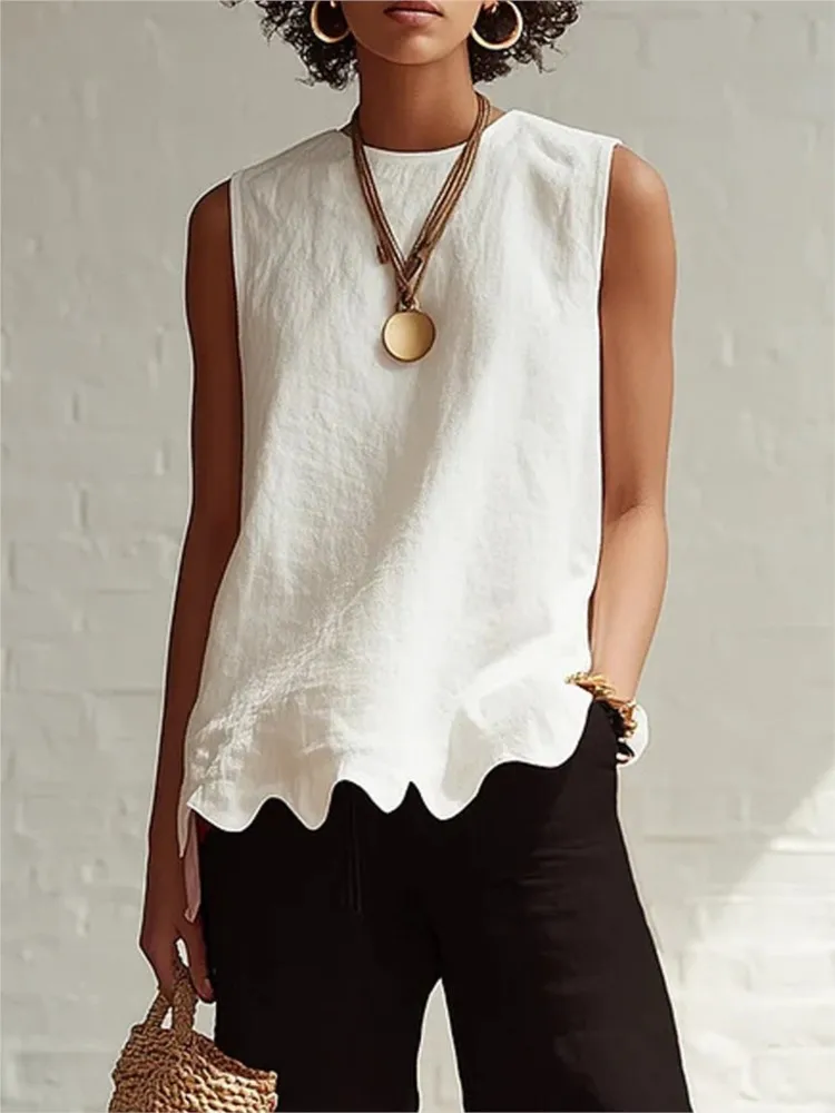

Summer Fashion Sleeveless Bohemian Vacation Top Woman New Elegant O Neck Solid Shirt Top Spring Casual Loose Hem Blouse Harajuku