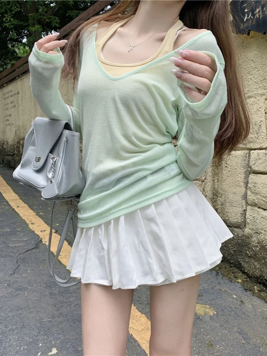 女性のロング Sve V-Ne T-irt セットファイオナブルな痩身夏服日焼け止めレイヤリング Ne ハンギングストラップベスト