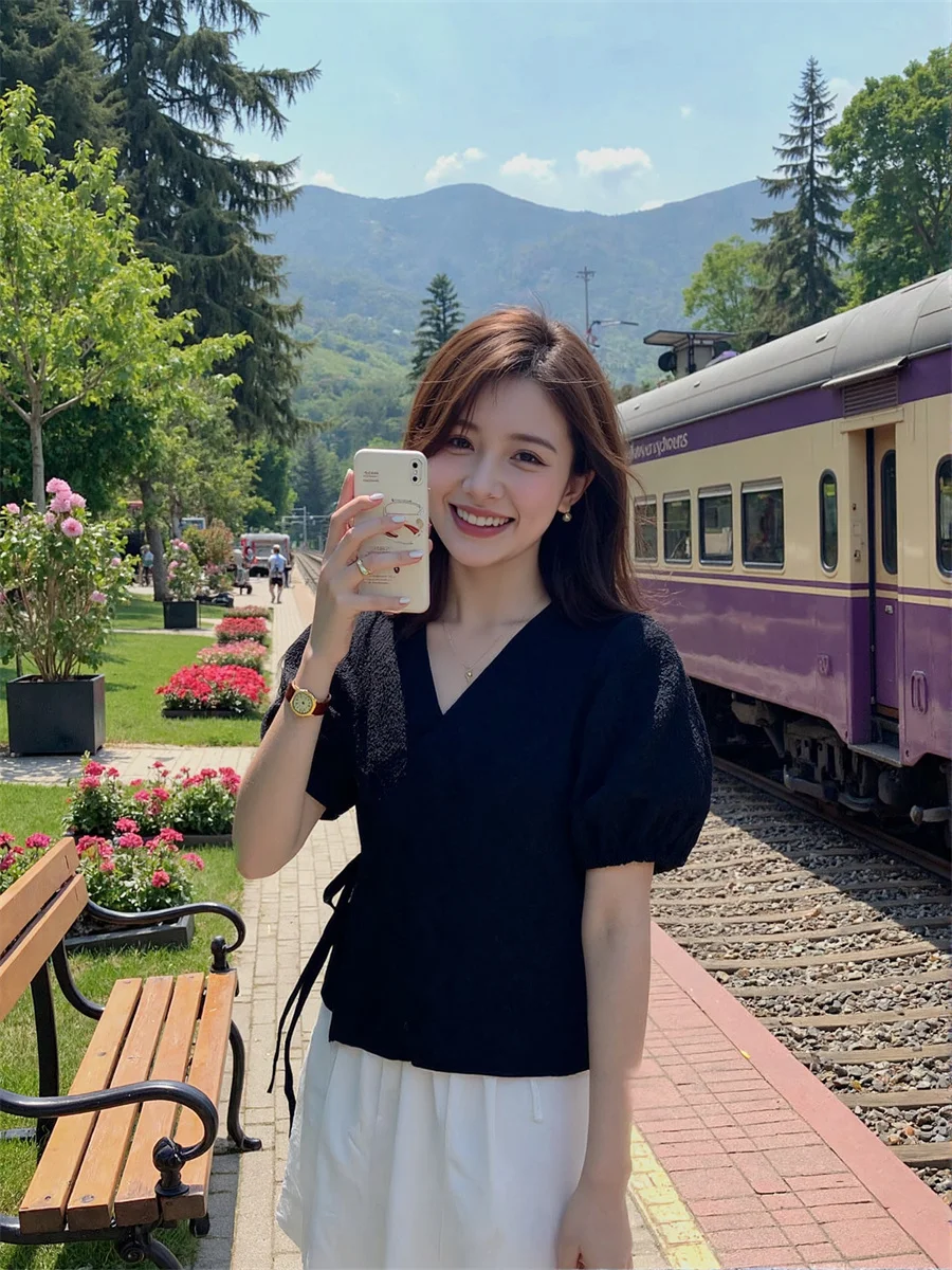 

Элегантные блузки для женщин, асимметричный галстук в полоску, осенние укороченные большие размеры, белые короткие женские формальные базовые шикарные женские одежды