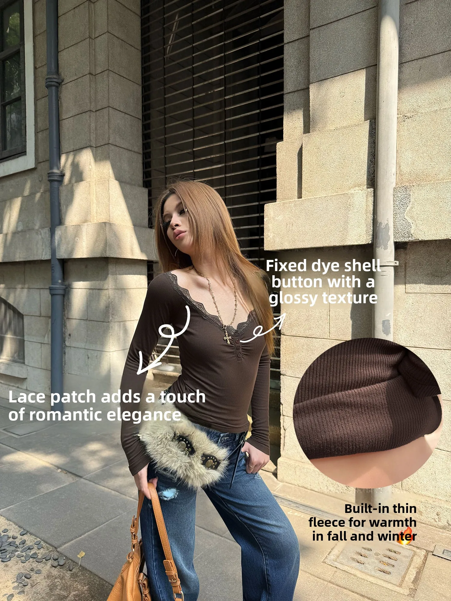 Audwyn Lace Splice Long Sleeve Women's T-shirt V-neck Fleece Slim Fit Autumn Winter Street Style Fashion Inner Wear Base Shirt