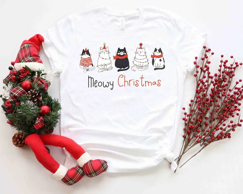 

Christmas Cat Mom Mama Merry Lover Gift For Mom Gifts For Short Sleeve Top Tees O Neck 100% cotton harajuku y2k Drop Shipping