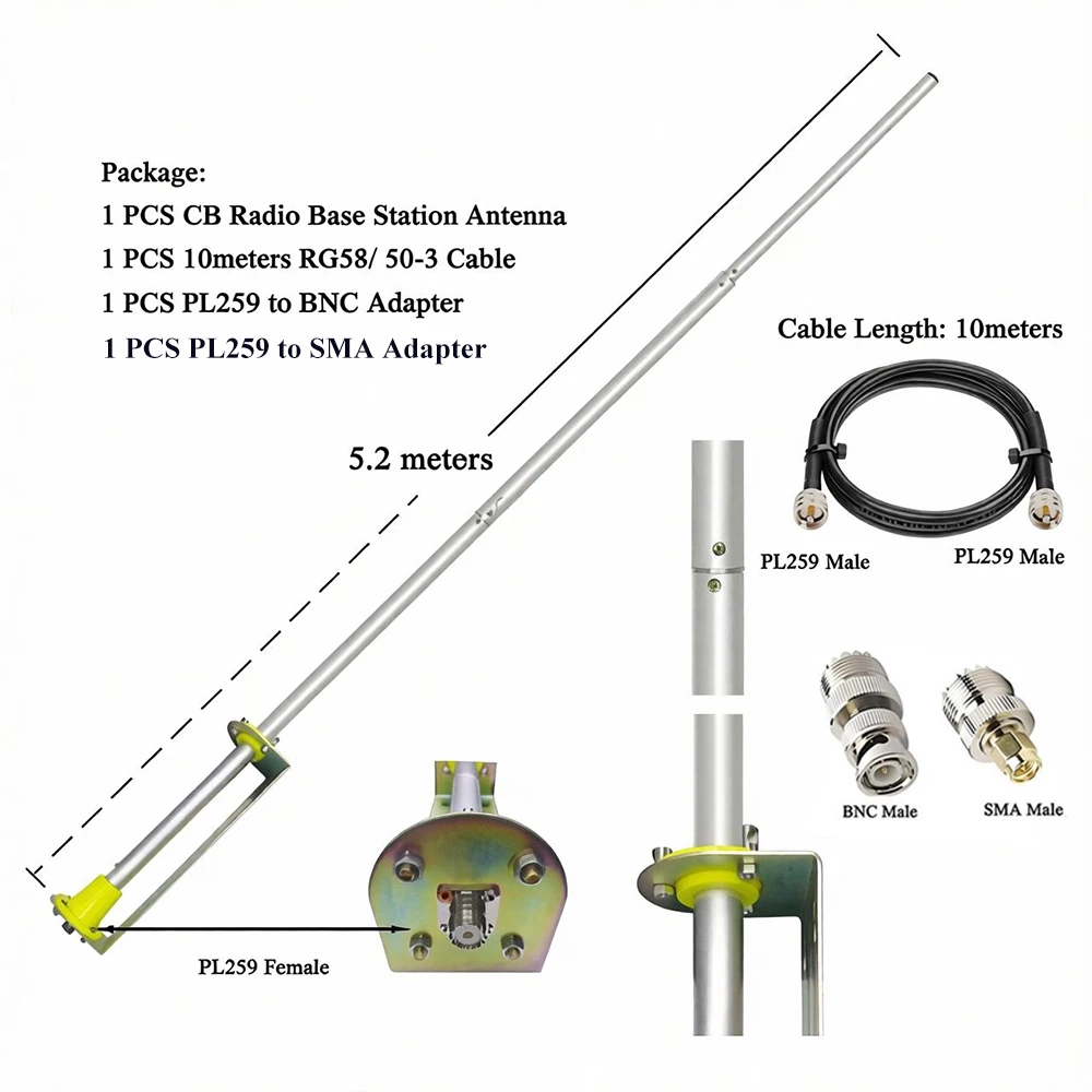 Zestaw antenowy CB 27MHz - Antena radiowa 5.2m do domu, Cobra, Uniden, Bearcat, radiotelefonów mobilnych i dwukierunkowych (wraz z VAT) — zdjęcie 5