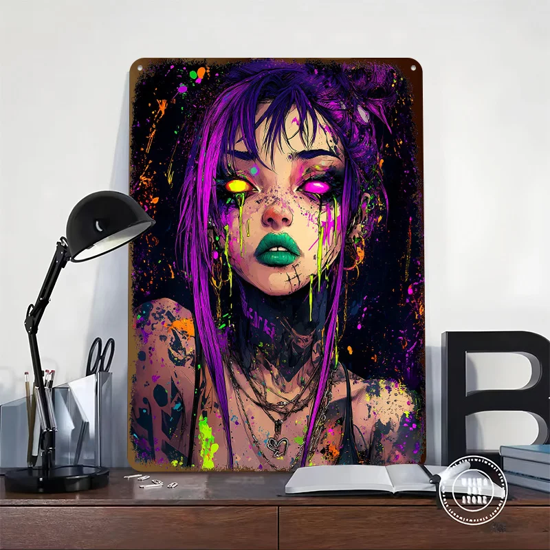 Neon Grunge Girl Printed Poster Customized Wall Art Retro Vintage Metal Tin Signs for Room Garage Decoration At Home Man Cave