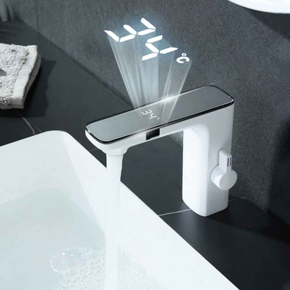 White Smart Daul Sensor Bathroom Basin Faucet Hot Cold Water Mixer Deck Mount  Bathroom Sink Faucet