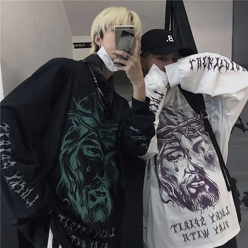 

5XL Black High Street T Shirt Fashion Casual Japan Tops Streetwear Cartoon Autumn Ulzzang Long Sleeve Gothic Shirts Male Women