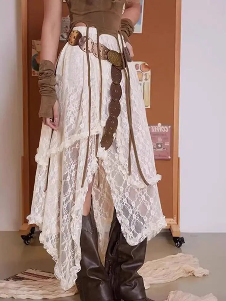 

Юбка с асимметричным подолом для женщин, коллекция Весна-Лето 2026, в стиле Wasteland, с кружевными вставками, для образов в стиле пустоши, для путешествий по травянистой местности