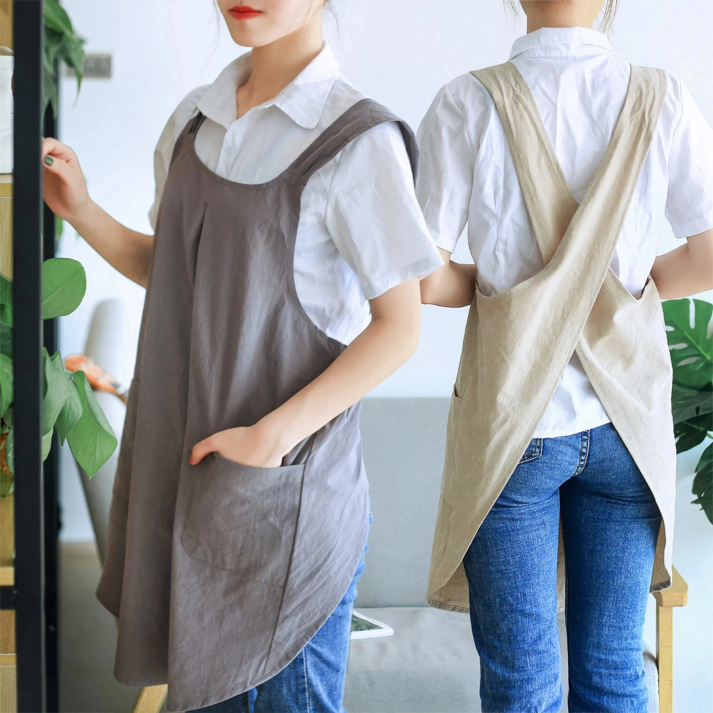 Women Cotton Linen Cross Back Apron Japanese Housework Baking Wrap korean Florist Dress Solid Color Garden Kichen Apron