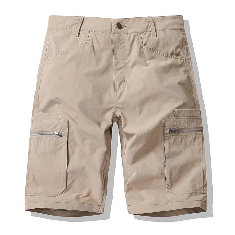 

Summer Cotton Men's Casual Shorts Solid Color Straight Safari Style Loose Shorts Men Breathable Multi Pockets Knee Length Pants