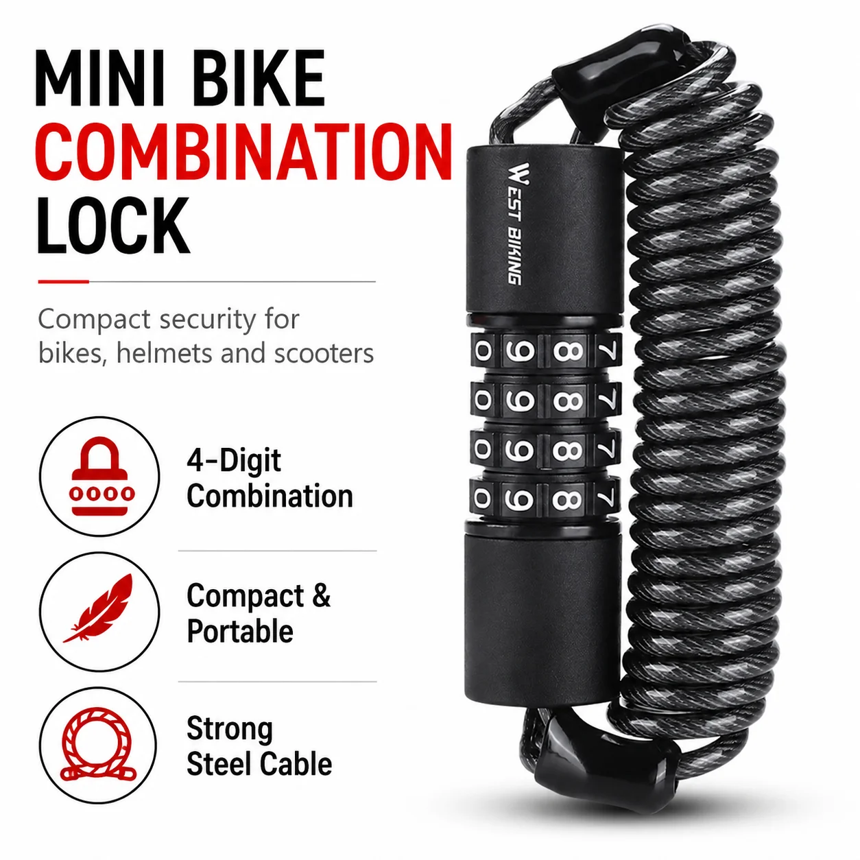 Mini Bike Combination Cable Lock, 4-Digit Resettable Coiled Steel Security Lock for Bicycles, Helmets, Scooters and Outdoor Gear