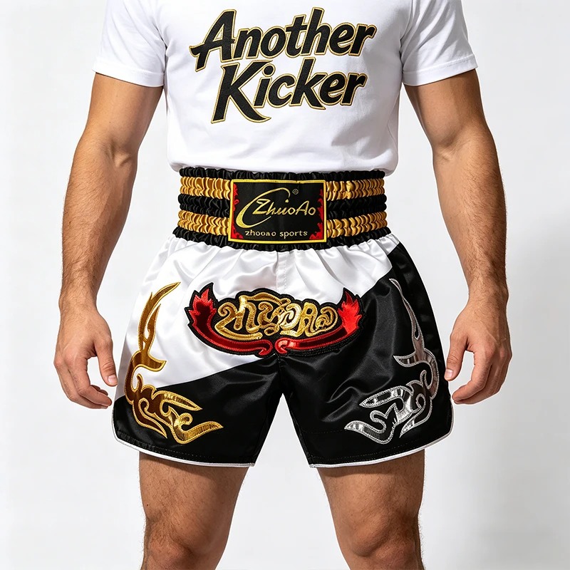 Muay Thai Hosen Klassische Stickerei Boxen Kampf Kickboxen Grappling Trainingsshorts für Männer Frauen Kinder Thailand Boxoutfit