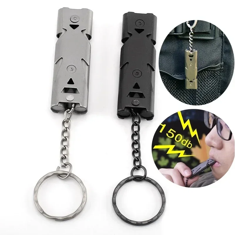 Outdoor Survival Whistle Keychain High Decibel Emergency Stainless Steel Double Pipe Camping Hiking Whistle Multifunction Tools