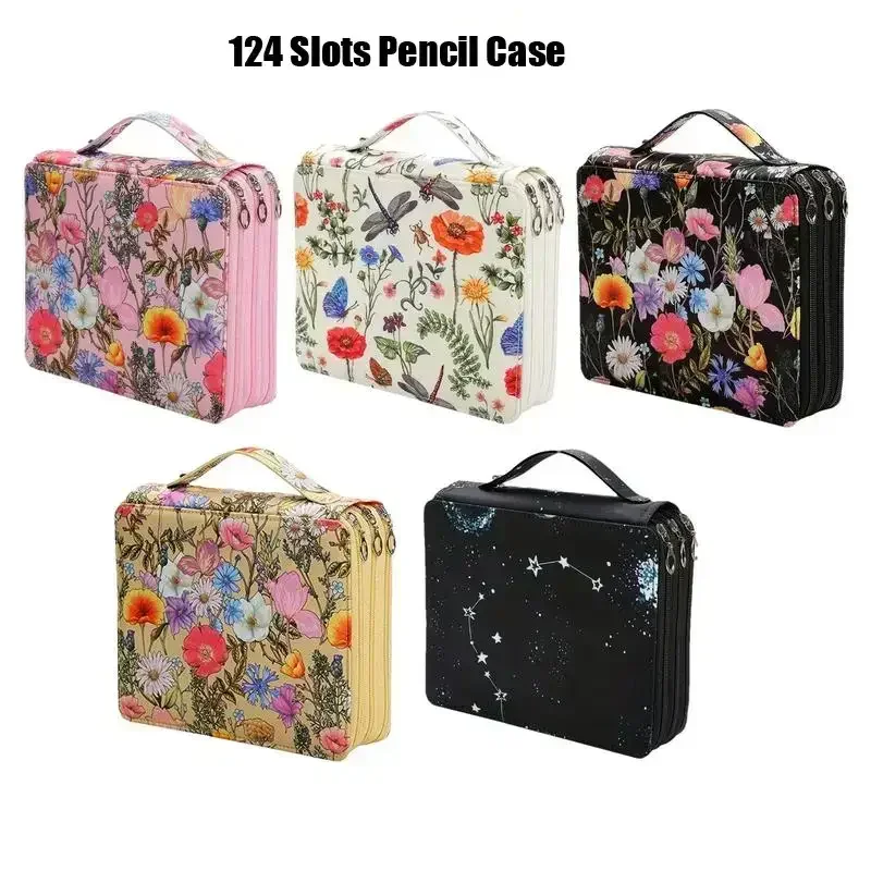 124 Slots Pen Case Zipper Bag for Artist Storage, Large Capacity Handy Holder Organizer for Colored Pencils Marker Highlighter