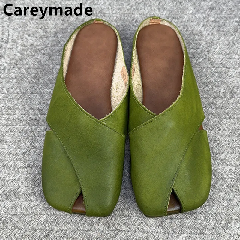 Careaymade-New Genuine Leather Round Head Layer Cowhide Solid Color Casual Shoes Pure handmade soft Summer Women\'s Slippers