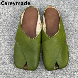 Careaymade-New Genuine Leather Round Head Layer Cowhide Solid Color Casual Shoes Pure handmade soft Summer Women's Slippers