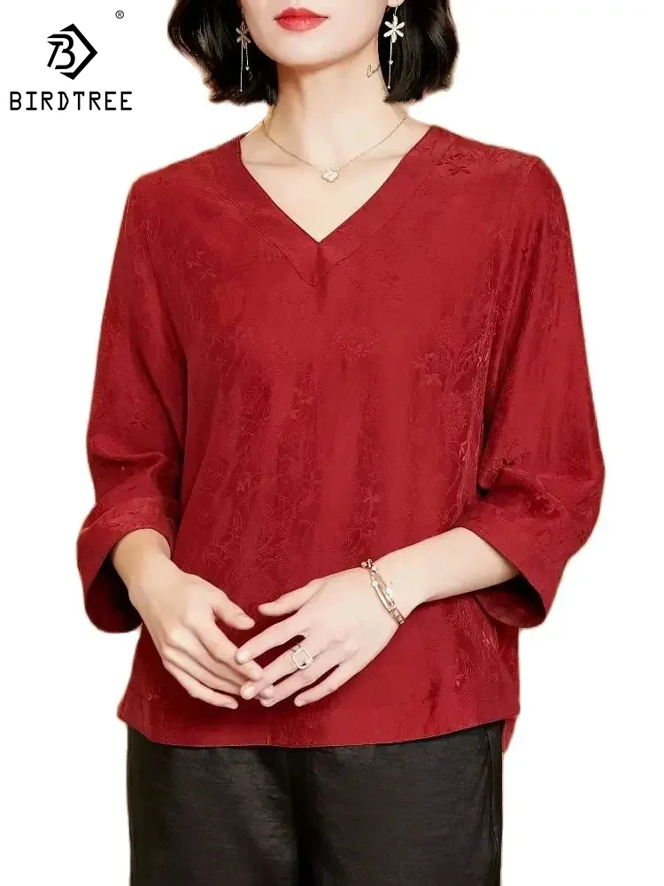 

BirdTree XiangYunSha V-Neck Jacquard,100%Mulberry Silk,Shirt for Women,Loose Elegant OL Blouse,2024 Spring New Top,T42293QM