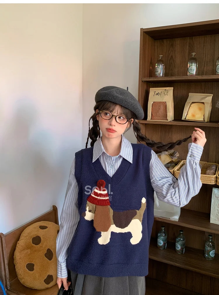 2025 Autumn New Retro Cute Cartoon Puppy Pullover Knitted Vest Round Neck Long Sleeve Soft Comfortable Casual Daily Sweater