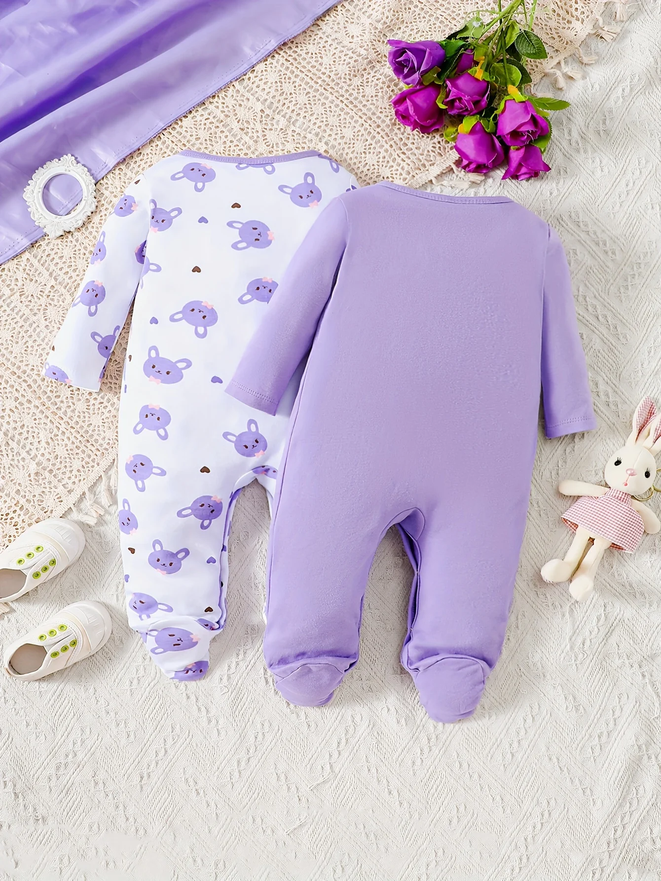 2PCS Spring Autumn Baby Cute Bunny Graphic Comfy Cotton Jumpsuits Set for Boys Girls Footed Onesies Toddler\'s Cute Pajamas Set