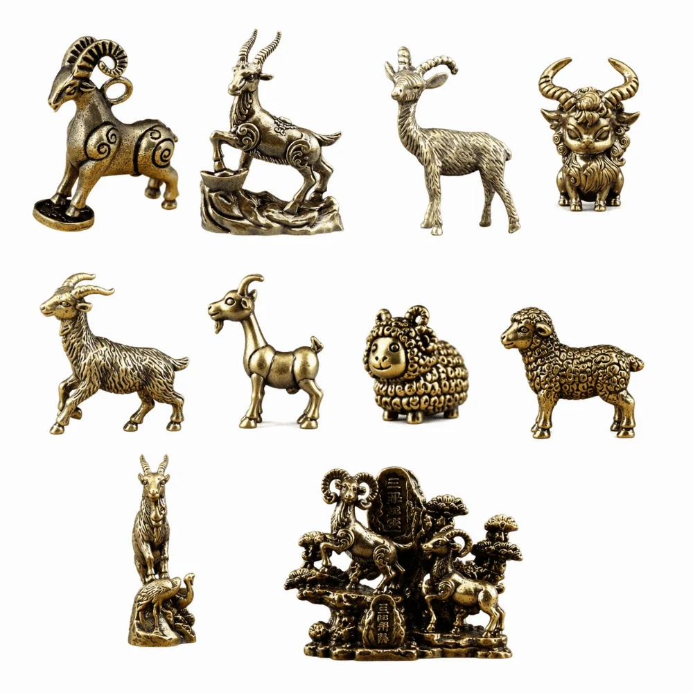 1PC Solid Brass Body Zodiac Sheep Statue Flat Base Frame Fine Carve Detail Brass Animal Craft Auspicious Implication