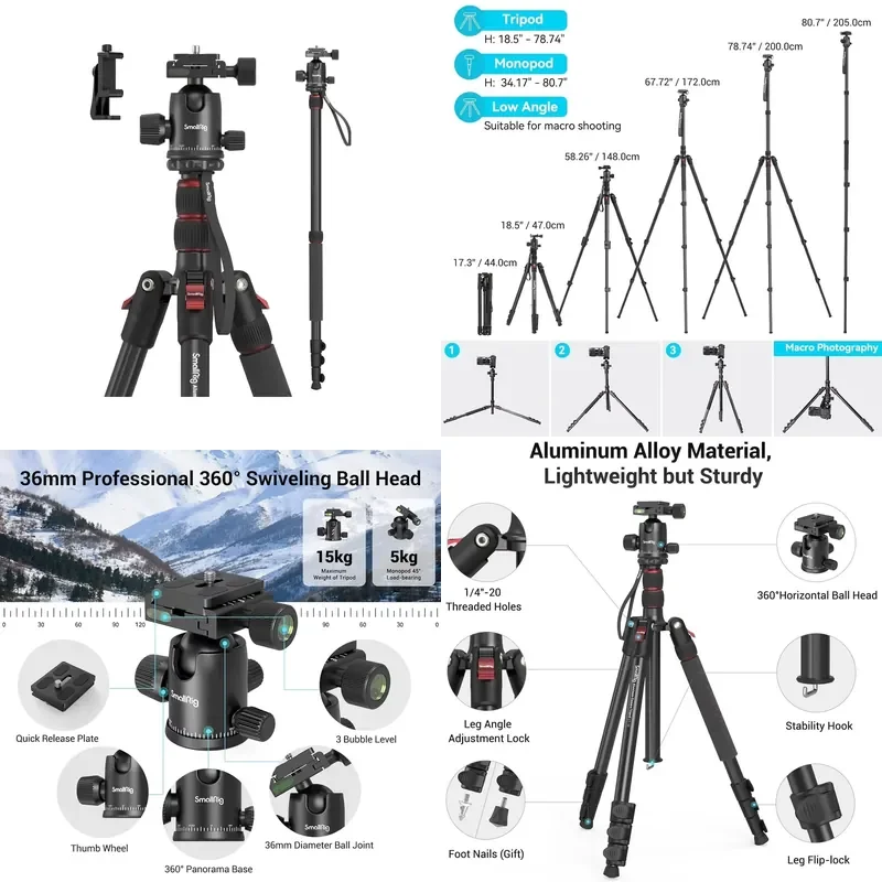 

【CHIMU HOME】16-71 Inch Foldable Aluminum Camera Tripod Monopod, 360° Ball Head Max 33lb Load Capacity