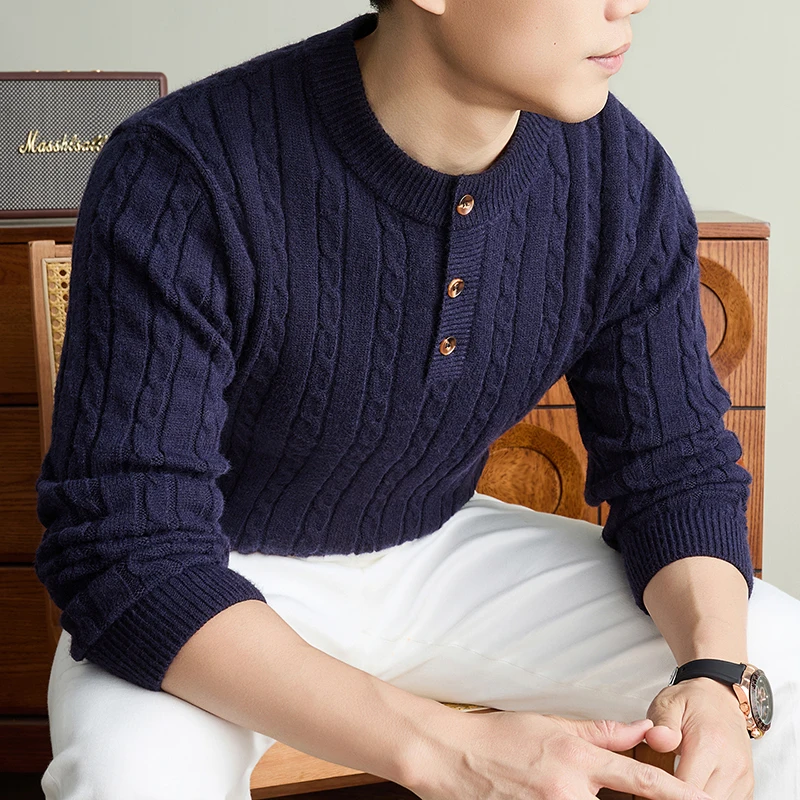 Trend High-end Men knitted pullover autumn winter warm soft thicken new button decoration round neck casual solid color sweater