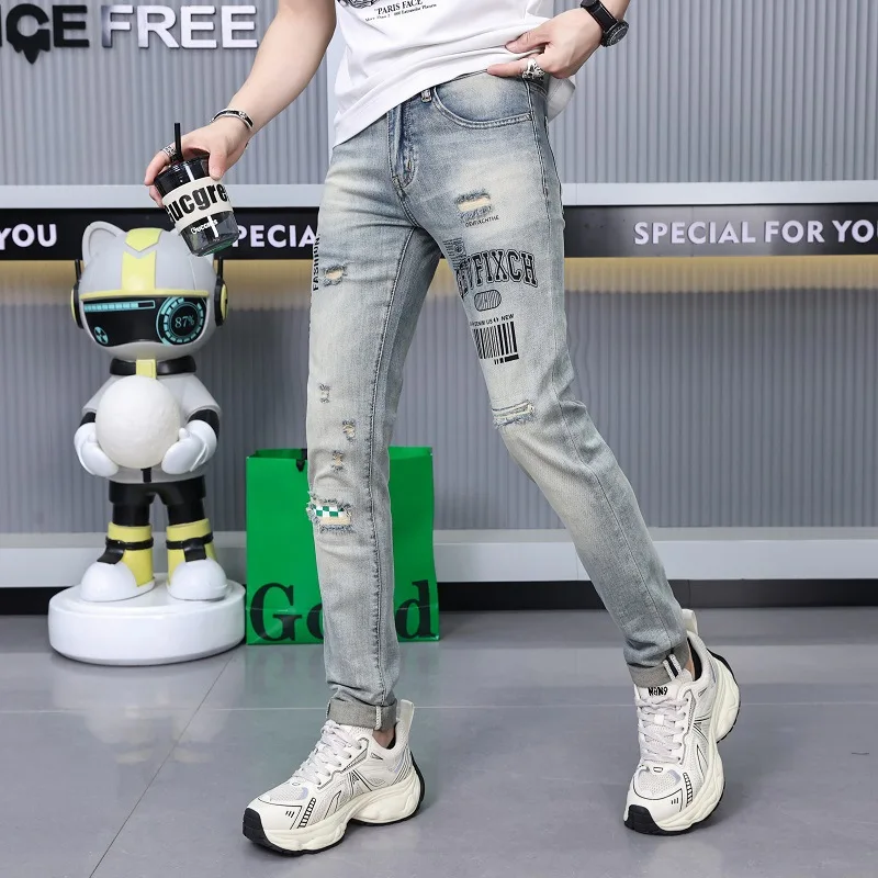 

Ripped print jeans men's street fashion high-end fashion design leisure slim-fitting small straight stretch pants