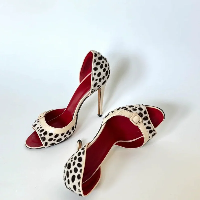 Summer new round-headed fish mouth leopard horsehair sexy sandals banquet large size customized high-heeled women's sandals