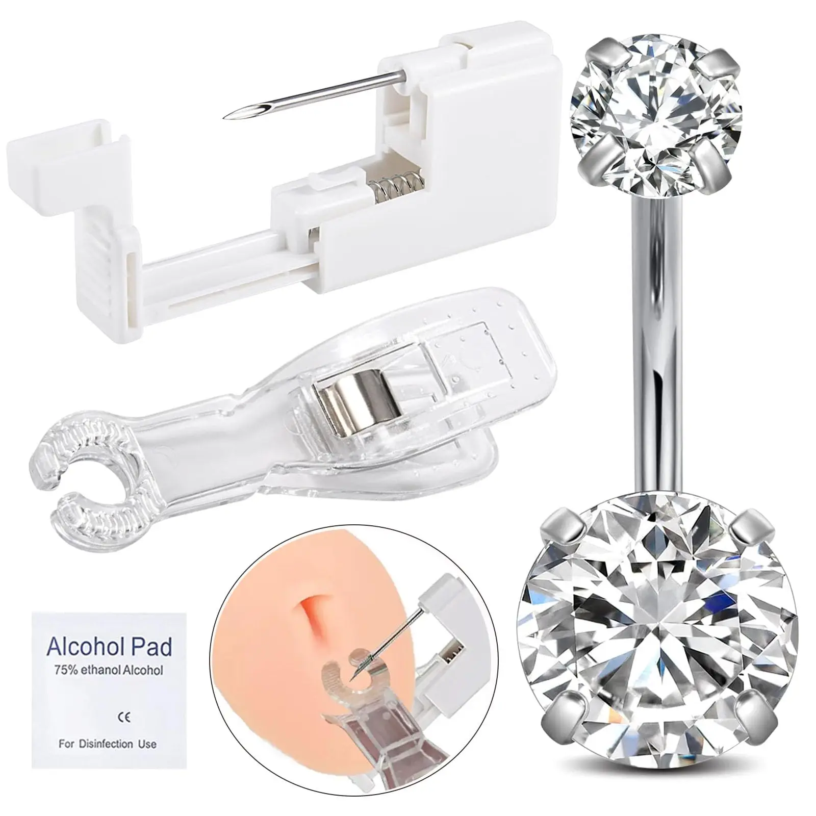 4Pcs Belly Piercing Gun Kit Includes Navel Self Piercing Gun with Piercing Needles Belly Button Ring Piercing Clamp Clean Tools